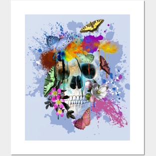 Skull Flowers And Butterfly, Rainbow Butterflies Posters and Art